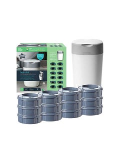 tommee tippee Twist And Click Advanced Nappy Bin Starter Set, Eco-Friendlier System With 12x Refill Cassettes With Sustainably Sourced Antibacterial Greenfilm, White  - Image 1