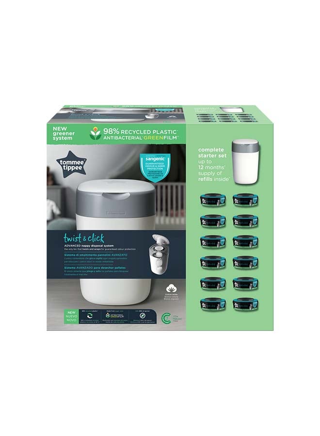 tommee tippee - Twist And Click Advanced Nappy Bin Starter Set, Eco-Friendlier System With 12x Refill Cassettes With Sustainably Sourced Antibacterial Greenfilm, White - Image 1