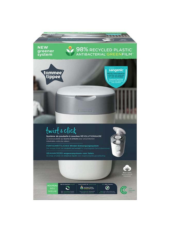 Twist And Click Advanced Nappy Bin, Eco-Friendlier System, Includes 1x Refill Cassette With Sustainably Sourced Antibacterial Greenfilm, White 