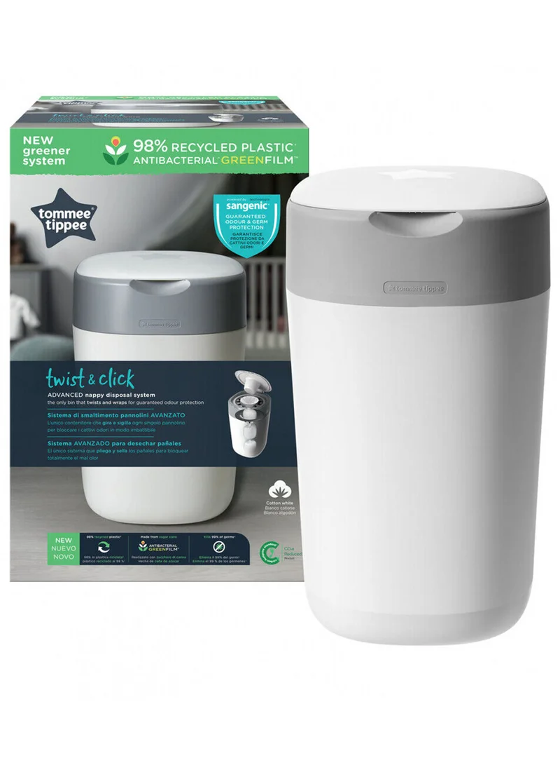 tommee tippee Twist And Click Advanced Nappy Bin, With 1 x Refill Cassette And Sustainably Sourced Antibacterial Greenfilm, White