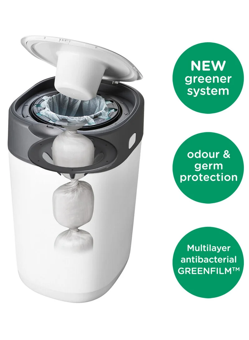 tommee tippee Twist and Click Advanced Nappy Bin, Eco-Friendlier System, Includes 1x Refill Cassette with Sustainably Sourced Antibacterial GREENFILM, White