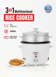 GEEPAS Multifunction Rice Cooker Includes Cook & Keep Warm Functions With Tempered Glass Lid, Aluminum Inner Steamer/ Removable Non-Stick Pot/Cool Touch Handle/Durable Construction 1 L 400 W GRC4325H White  - Image 1