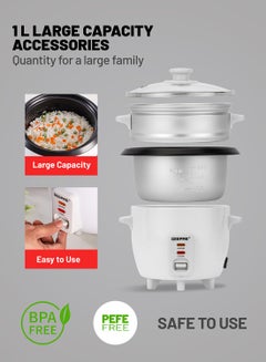 GEEPAS Multifunction Rice Cooker Includes Cook & Keep Warm Functions With Tempered Glass Lid, Aluminum Inner Steamer/ Removable Non-Stick Pot/Cool Touch Handle/Durable Construction 1 L 400 W GRC4325H White  - Image 4
