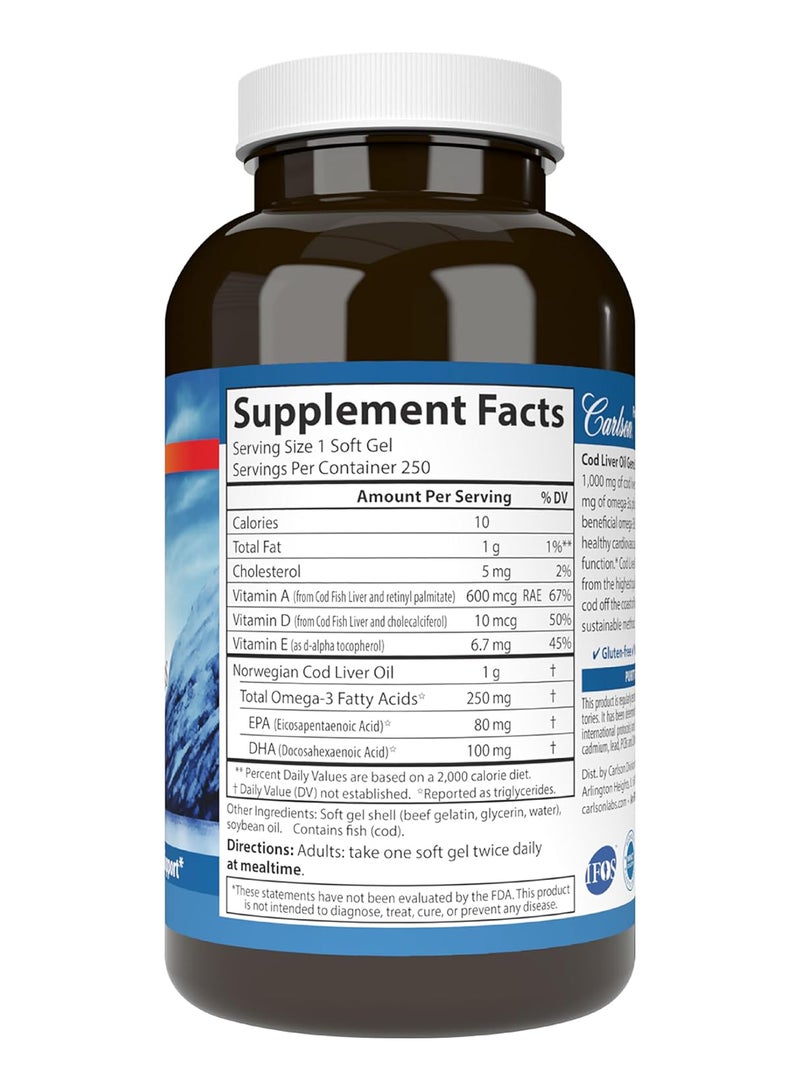 Wild Norwegian Cod Liver Oil Gems, Super 1000 Mg, 250 Soft Gels