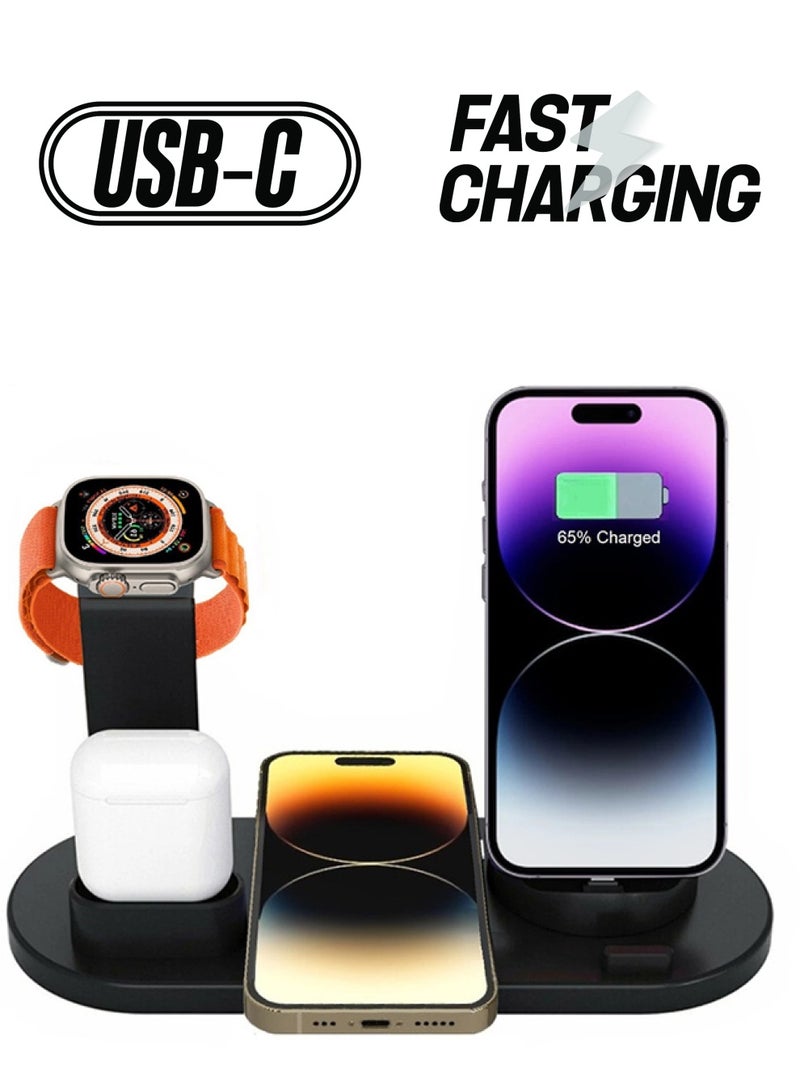 MARGOUN - Wireless Charger Stand for iPhone 14 Series, Apple Watch Ultra/8, AirPods 6 in 1 Charging Station with Type-C, Micro-USB, Lightning Dock Compatible with Android/iOS Black - Image 1