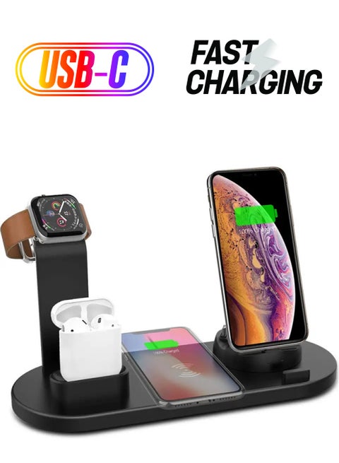 6 in 1 Wireless Charger Station for iPhone, Apple Watch, AirPods with Type-C, Micro-USB, Lightning Dock Compatible with Android/iOS Black