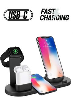 6 in 1 Wireless Charger Station for iPhone, Apple Watch, AirPods with Type-C, Micro-USB, Lightning Dock Compatible with Android/iOS Black/White