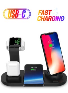 6 in 1 Wireless Charger Station for iPhone, Apple Watch, AirPods with Type-C, Micro-USB, Lightning Dock Compatible with Android/iOS Black