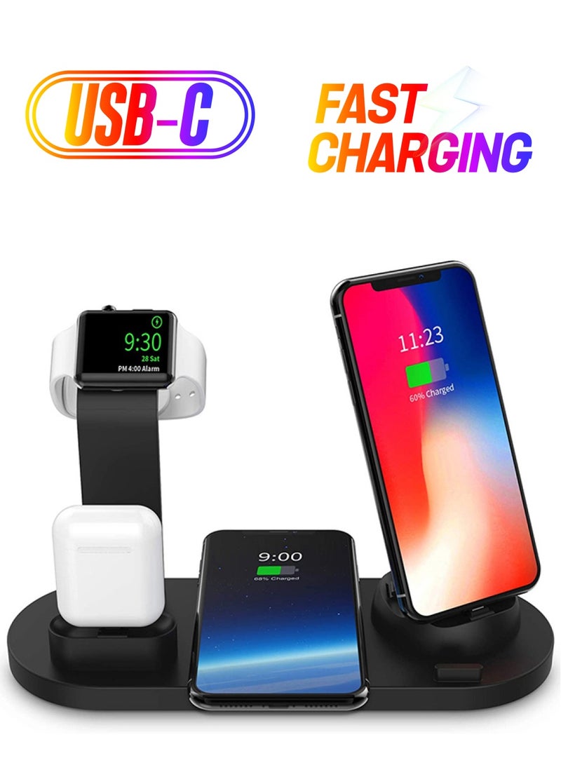 MARGOUN - 6 in 1 Wireless Charger Station for iPhone, Apple Watch, AirPods with Type-C, Micro-USB, Lightning Dock Compatible with Android/iOS Black - Image 1