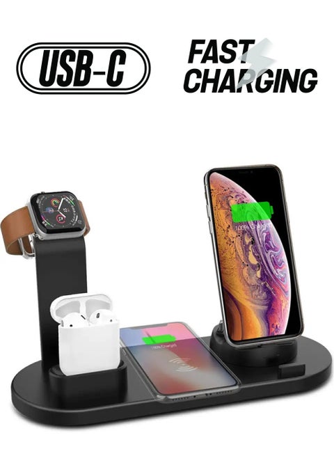 6 in 1 Wireless Charger Station for iPhone, Apple Watch, AirPods with Type-C, Micro-USB, Lightning Dock Compatible with Android/iOS Black