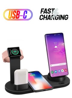 6 in 1 Wireless Charger Station for iPhone, Apple Watch, AirPods with Type-C, Micro-USB, Lightning Dock Compatible with Android/iOS Black