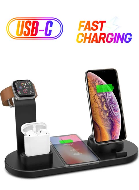 6 in 1 Wireless Charger Station for iPhone, Apple Watch, AirPods with Type-C, Micro-USB, Lightning Dock Compatible with Android/iOS Black
