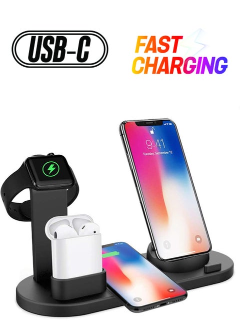 6 in 1 Wireless Charger Station for iPhone, Apple Watch, AirPods with Type-C, Micro-USB, Lightning Dock Compatible with Android/iOS Black