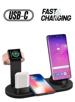 6 in 1 Wireless Charger Station for iPhone, Apple Watch, AirPods with Type-C, Micro-USB, Lightning Dock Compatible with Android/iOS Black