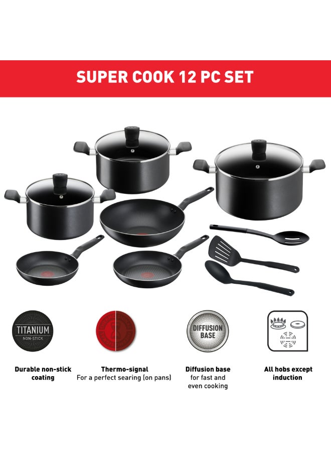 تيفال طقم أواني طهي من تيفال مكون من 12 قطعة | سوبر كوك | مقالي 22/24 سم، مقلاة ووك 28 سم، قدور 22/24/28 سم، ملعقة، ملعقة مشقوقة، ملعقة مسطحة مشقوقة | غير لاصق مع Thermo Signal | ألمنيوم | أسود | ضمان لمدة سنتين | B459SC84 أسود 22,24,28,22,24,28سم - Image 3