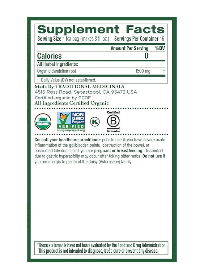 Traditional Medicinals - Organic Roasted Dandelion Root Tea Bags Stimulates Liver And Supports Healthy Digestion Caffeine Free 16 Tea Bags 24G - Image 1