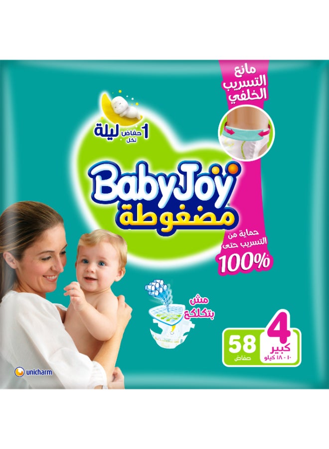 BabyJoy Compressed Diaper with Back Leakage Stopper, Size 4, Large, 10-18 Kg, Jumbo Pack, 58 Diapers  - Image 1
