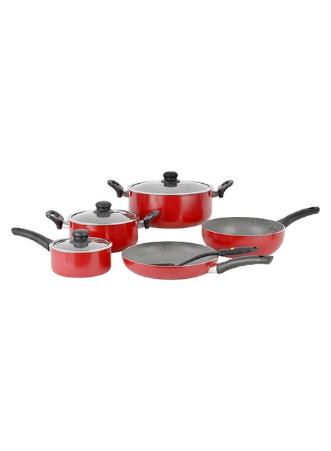 9-Piece Aluminium Non-Stick Coating Durable Design Non-Slip Ergonomic Handle Kitchen Cookware Set Includes 1x Casserole With Lid 26x11 cm, 1x Casserole With Lid 20x9 cm, 1x Frypan, 1x Wokpan, 1x Sauce Pan With Lid, 1x Nylon Turner Red 26x11cm