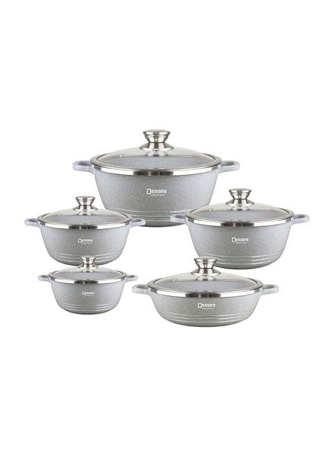 10-Piece Non Stick Durable Granite Cookware Set Grey/Clear Very Small Casserole 20, Small Casserole 24, Medium Casserole 28, Large Casserole 32, Shallow Casserole 28cm Grey/Clear Very Small Casserole 20, Small Casserole 24, Medium Casserole 28, Large Casserole 32, Shallow Casserole 28cm
