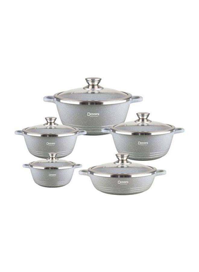 DESSINI 10-Piece Non Stick Durable Granite Cookware Set Grey/Clear Very Small Casserole 20, Small Casserole 24, Medium Casserole 28, Large Casserole 32, Shallow Casserole 28cm Grey/Clear Very Small Casserole 20, Small Casserole 24, Medium Casserole 28, Large Casserole 32, Shallow Casserole 28cm 