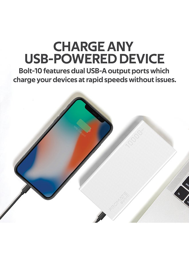 PROMATE - 10000 mAh Bolt 10000mAh Compact Smart Charging Power Bank With Dual USB Output White - Image 1