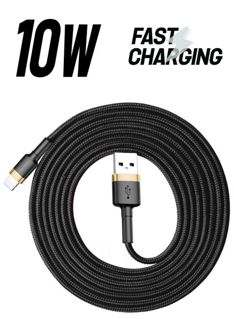 كابل شحن USB إلى Lightning كافول من النايلون المضفر عالي الكثافة للشحن السريع متوافق مع هواتف آيفون 13 و12 و11 برو ماكس وميني وXS وX و8 و7 و6 و5 وSE وآي باد (بطول 3 أمتار) ذهبي/ أسود