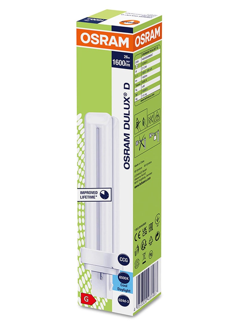 Osram Dulux D/E 26W/865 Cool Daylight 6500K CFL Bulb | G24Q-3, 4 Pin Base, 1600ml White