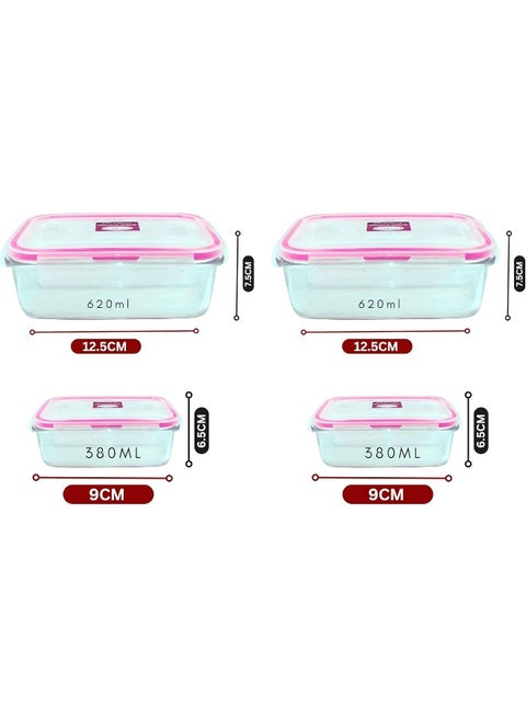 4-Piece Microwave Glass Storage Containers With Lid Pink 1x Big Square Container 13.5x13.5x5.5,1x Small Square Container 12x12x5.5, 1x Big Rectangle Container 16x12x5.5, 1 x Small Rectangle Container 13.5x10.5x5.5cm