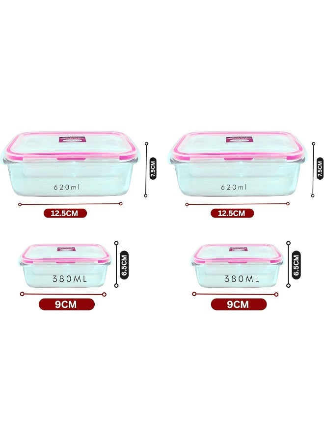 4-Piece Microwave Glass Storage Containers With Lid Pink 1x Big Square Container 13.5x13.5x5.5,1x Small Square Container 12x12x5.5, 1x Big Rectangle Container 16x12x5.5, 1 x Small Rectangle Container 13.5x10.5x5.5cm