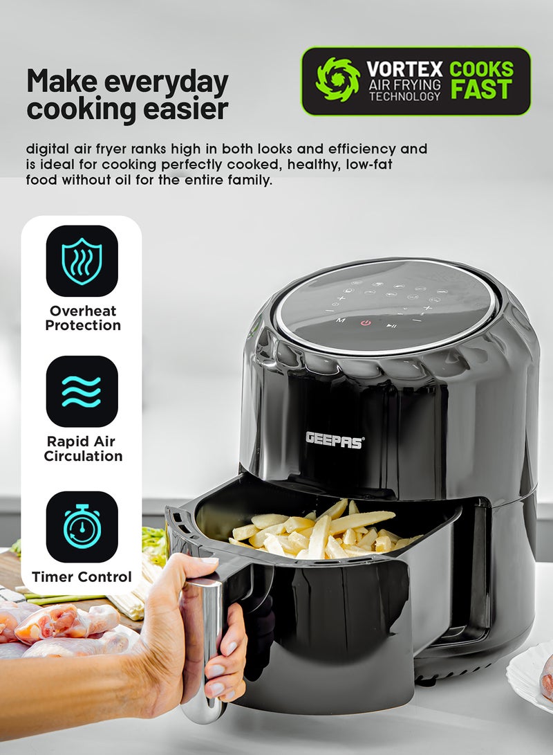 GEEPAS - Digital Air Fryer | 3.5 L Capacity with a Rack| Equipped with VORTX Air Frying Technology, Oil Free Cooking| Digital Display with Touch Screen, 10 Preset Cooking Modes, 1-60 Minutes Timer| Ideal for making Fries, Steak, Chicken, Cake, Meat, Bread| 2 Years Warranty 3.5 L 1400 W GAF37512N Black - Image 1