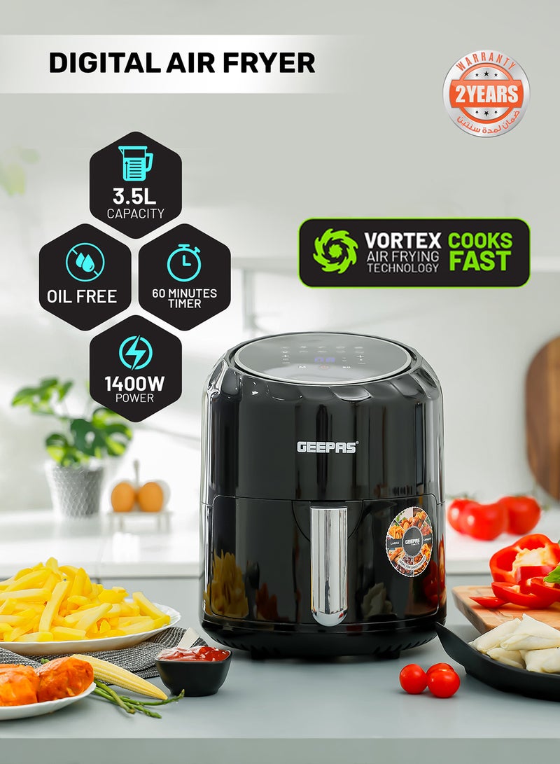 GEEPAS - Digital Air Fryer | 3.5 L Capacity with a Rack| Equipped with VORTX Air Frying Technology, Oil Free Cooking| Digital Display with Touch Screen, 10 Preset Cooking Modes, 1-60 Minutes Timer| Ideal for making Fries, Steak, Chicken, Cake, Meat, Bread| 2 Years Warranty 3.5 L 1400 W GAF37512N Black - Image 1