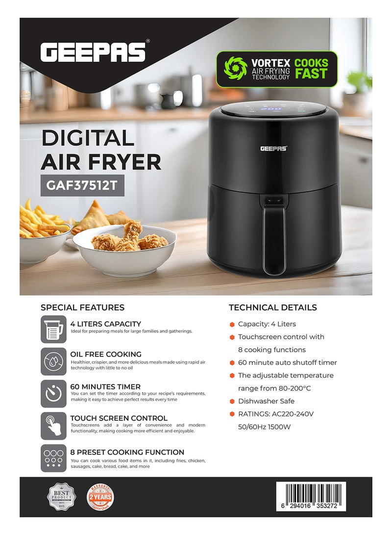 Digital Air Fryer- GAF37512T/ 4.0 L Pot, with Vortex Air Frying Technology/ Multiple Function, 1-60 Min Timer, Temperature 80-200 Degree Celsius/ Touch Screen Control, 8 Preset Programs, Ideal for Fries, Steak, Chicken, Cake, Meat, Bread, etc./ 2 Years Warranty 4 L 1500 W GAF37512T Black