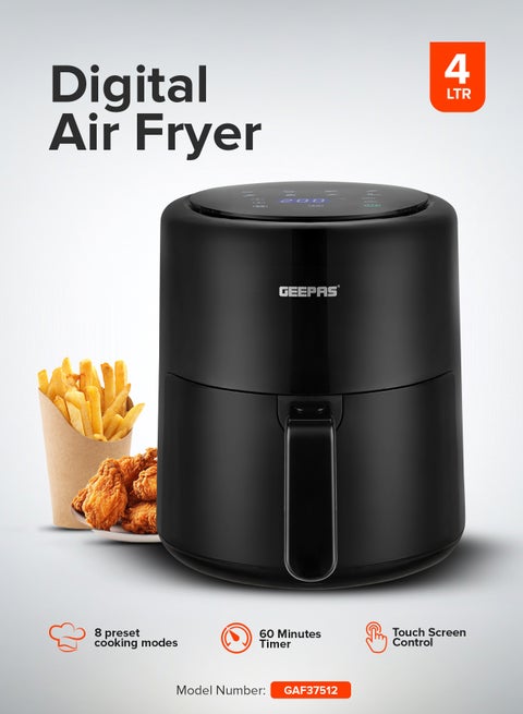 4.0 L Digital Air Fryer, with Vortex Air Frying Technology/ Multiple Function, 1-60 Min Timer, Temperature 80-200 Degree Celsius/ Touch Screen Control, 8 Preset Programs, Ideal for Fries, Steak, Chicken, Cake, Meat, Bread, etc./ 2 Years Warranty 4 L 1500 W GAF37512T Black