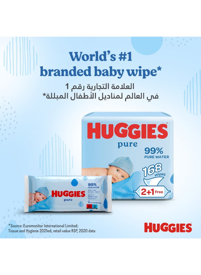 Huggies - Pure Baby Wipes, 99% Pure Water Wipes, 3 Pack x 56 Wipes, 168 Count - Image 1
