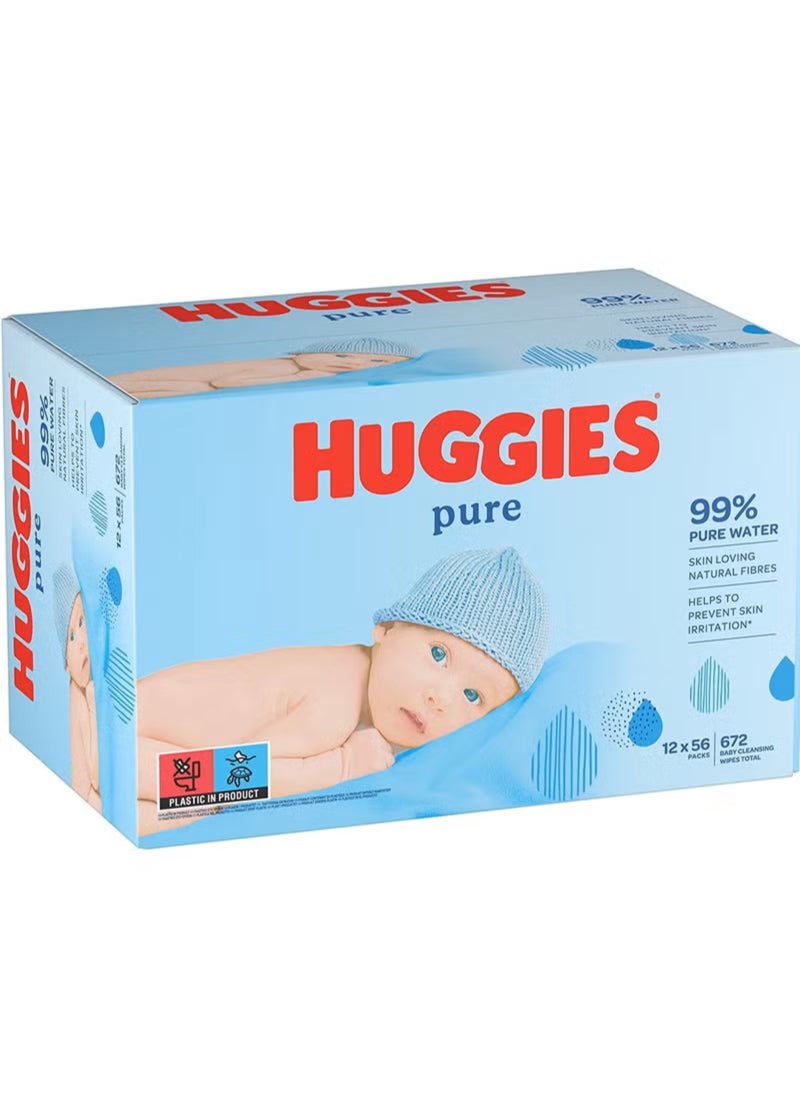 HUGGIES Baby Wipes, 99% Water Wipes, 12 Pack x 56 Wipes - Image 1
