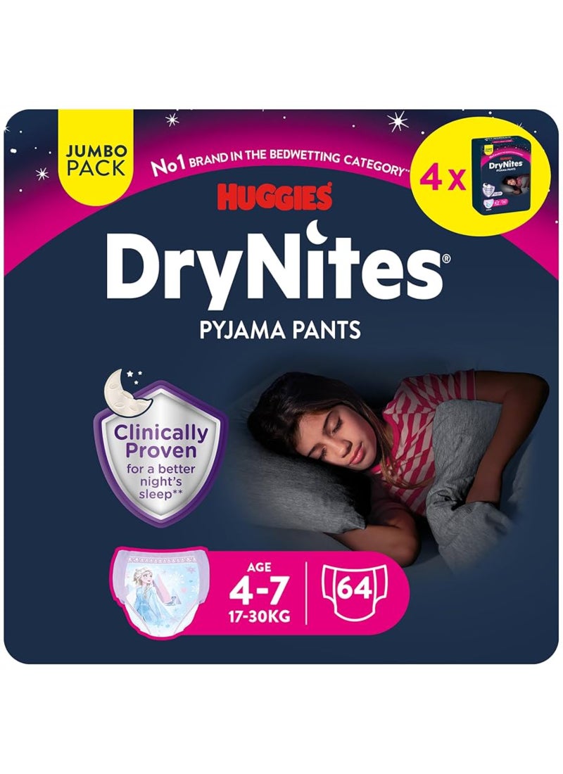 HUGGIES DryNites Bed Wetting Pants, 4-7 years, Girls, 17-30 kg, Jumbo Pack, 64 Pants - Image 1