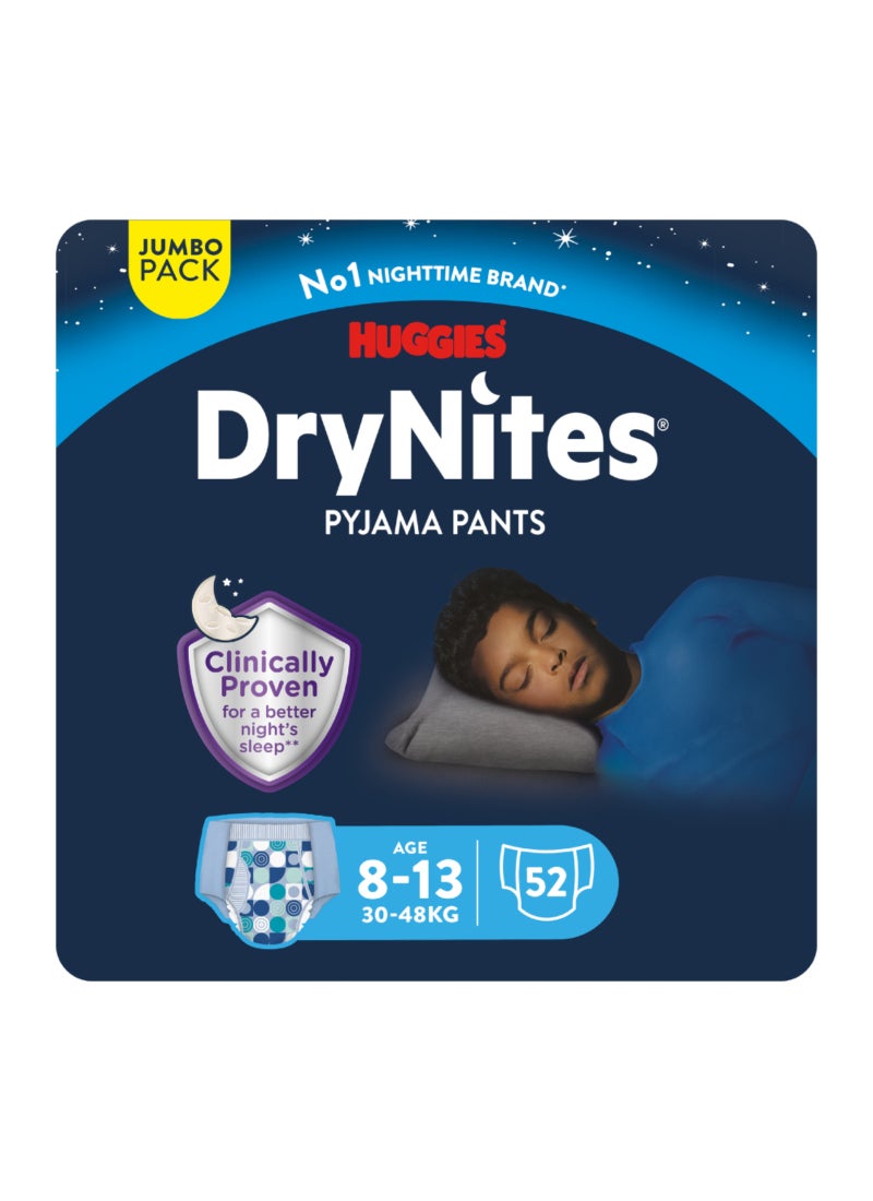 هجيز بيجامة DryNites، للأعمار من 8 إلى 15 عامًا، للأولاد، 27-57 كجم، عبوة ضخمة 13 × 4، 52 قطعة من حفاضات ترطيب السرير - Image 1