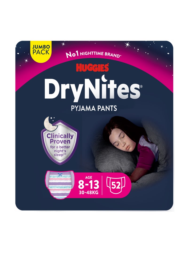 Huggies - DryNites Pyjama Pants, 8-13 years, Bed Wetting Diaper, Girls, 30-48 kg, 4 x Jumbo Packs, 52 Pants - Image 1