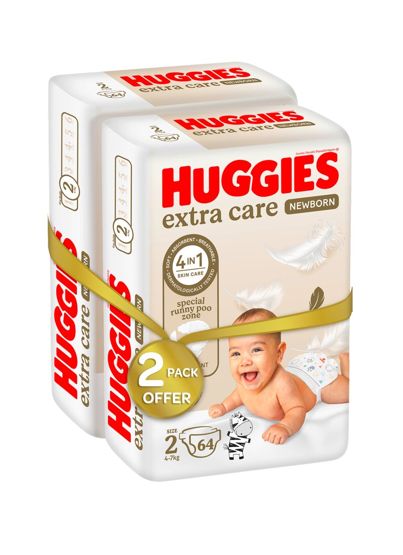Huggies - Extra Care Newborn, Size 2, 4 - 7 kg, Twin Jumbo Pack, 128 Diapers - Image 1