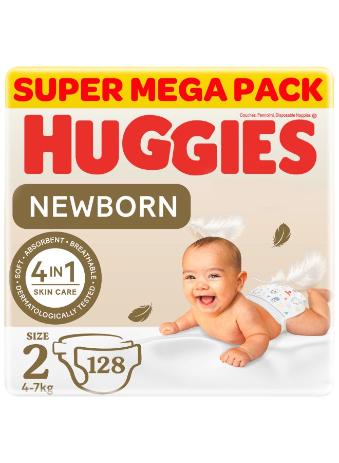 Huggies - Extra Care Newborn, Size 2, 4 - 7 kg, Twin Jumbo Pack, 128 Diapers - Image 1