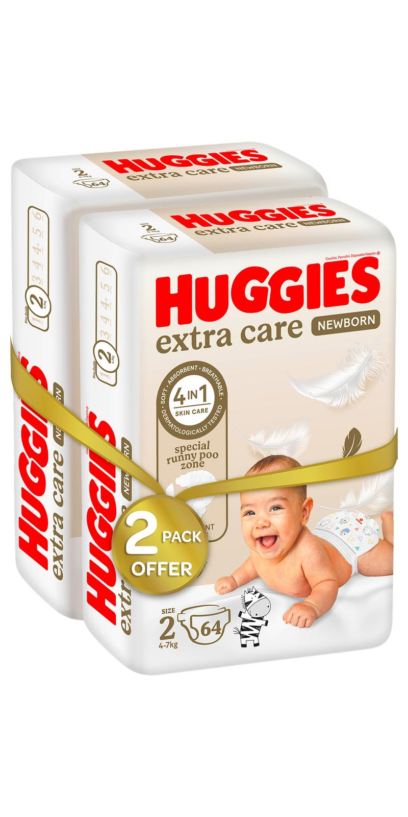 HUGGIES Extra Care Newborn, Size 2, 4 - 7 kg, Twin Jumbo Pack, 128 Diapers - Image 1