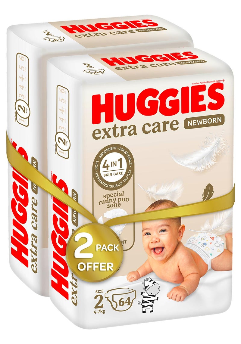 هجيز حفاضات أطفال من إكسترا كير، حديثي الولادة، مقاس 2، 4 - 6 كجم، 128 قطعة (64 × 2) - عناية لطيفة بالبشرة معتمدة من أطباء الجلدية - Image 1