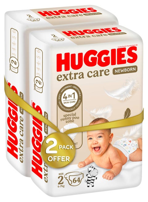 Extra Care Newborn, Size 2, 4 - 7 kg, Twin Jumbo Pack, 128 Diapers