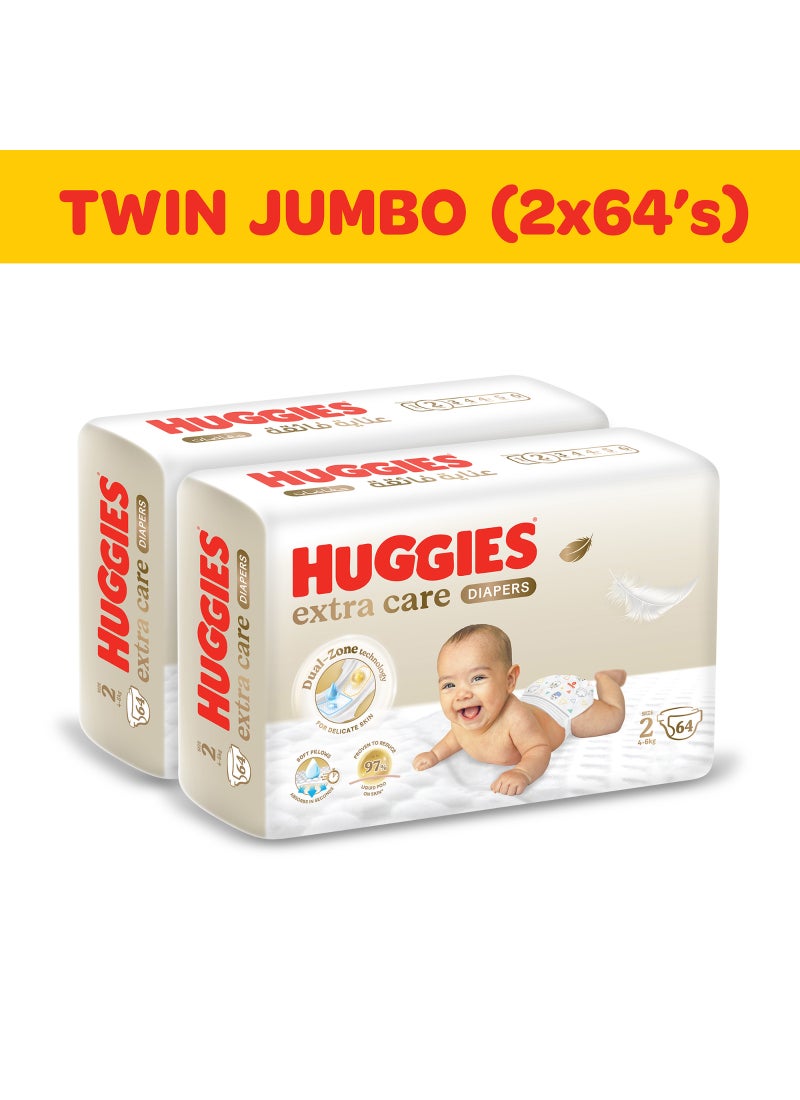 HUGGIES Extra Care Newborn Diapers, Disposable Diapers Size 2, 4 - 6 kg, Twin Jumbo Pack of 128 Diapers - Image 1