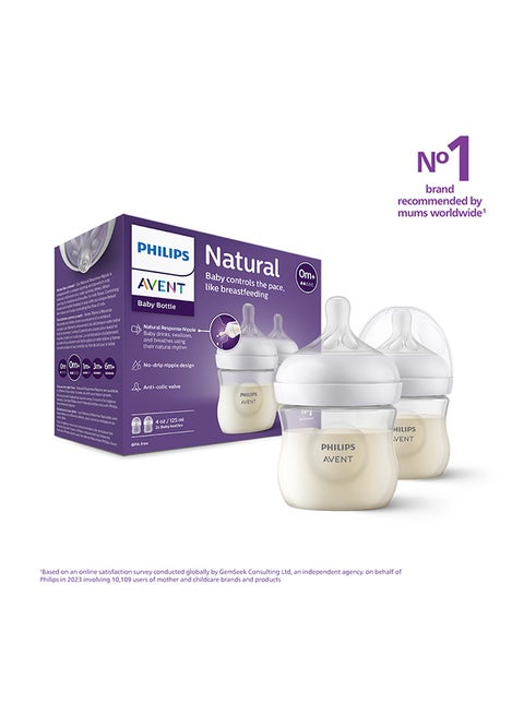 Natural Response Baby Feeding Bottle 125Ml | 2 Bottles | Ideal for 0 months+ Flow 2 | No.1 Brand Recommended By Moms Worldwide |Natural Response Technology Mimics Breastfeeding | Uniquely Designed Nipple Releases Milk Only When Baby Drinks