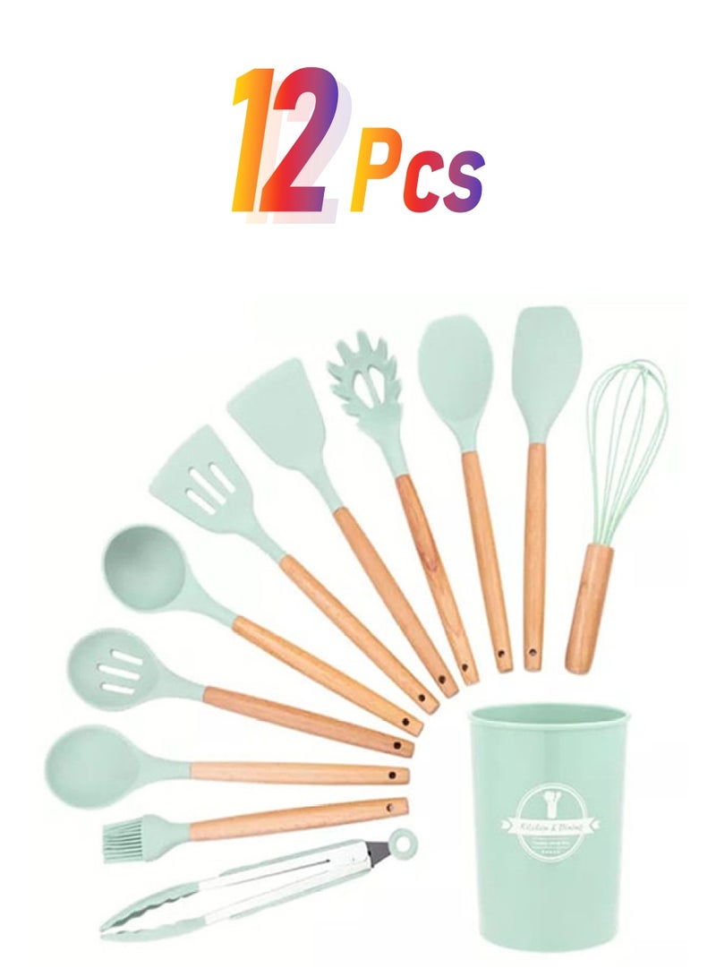 طقم أدوات طعام للمطبخ مصنوعة من السليكون ومكون من 12 قطعة بني/فضي/أخضر 12.6x12.6سم - Image 1