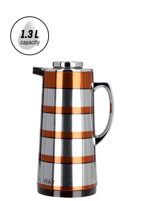 Royalford RF9588 - Double Wall Golden Figured Vacuum Flask | 1.3 L | Portable Heat Insulated Thermos for Keeping Hot/Cold 24 & 36 Hours Retention | Push Button | Coffee, Hot Water, Tea, Beverage | Ideal for Commercial & Outings Silver/Orange/Black