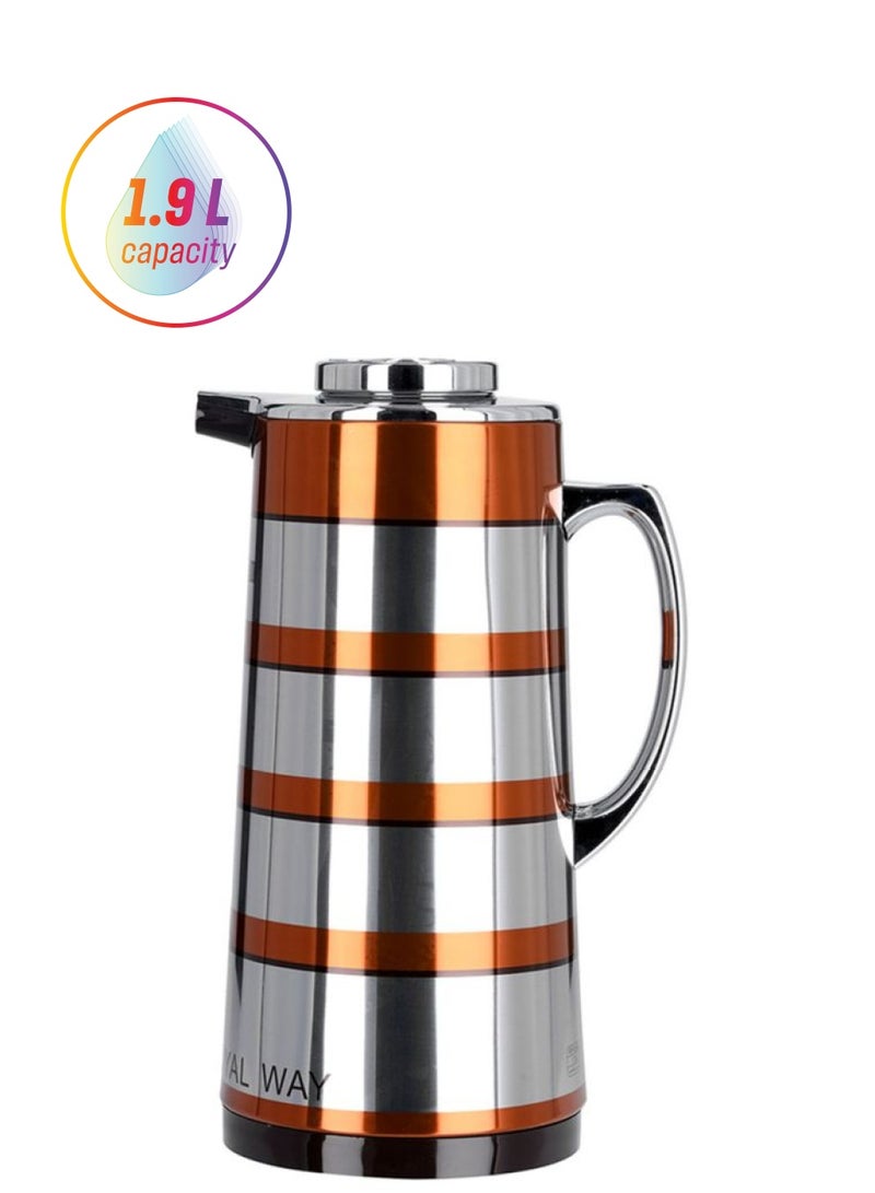 Royalford Royalford RF9590 1.9L Double Wall Golden Figured Vacuum Flask - Portable Heat Insulated Thermos Hot/Cold Long Hours Retention | Push Button | Coffee, Hot Water, Tea, Beverage | Ideal for Commercial & Outings Silver/Orange  - Image 1