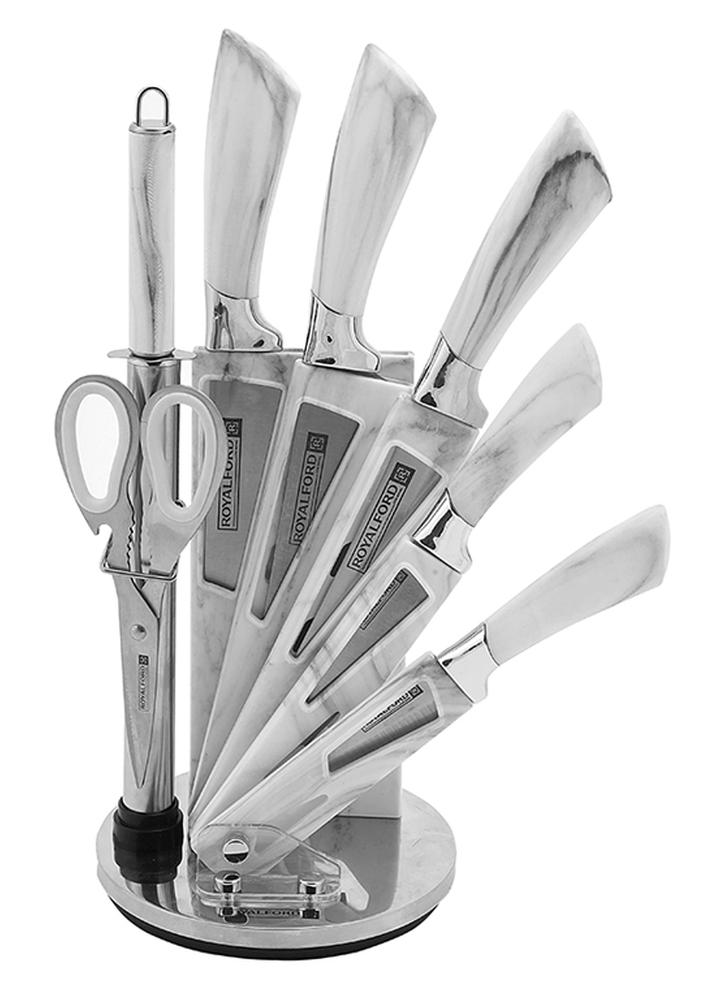 Royalford 8-Piece Knife Set With Rotating Base Stand Silver/Clear - Image 1