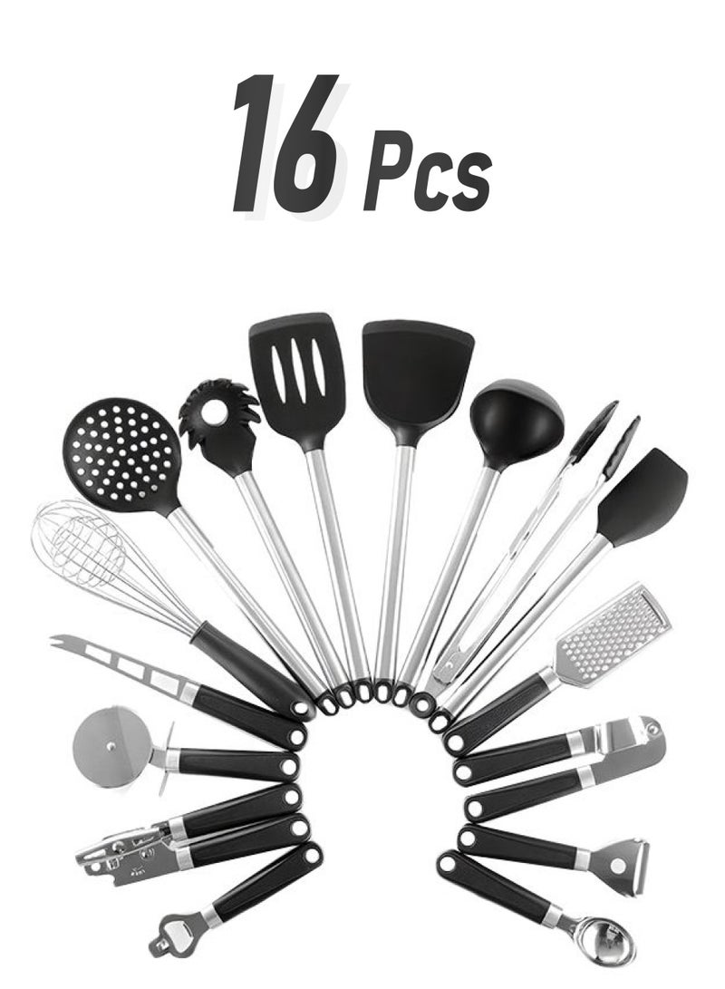 طقم أدوات طعام من السيليكون مكون من 16 قطعة أسود/فضي - Image 1